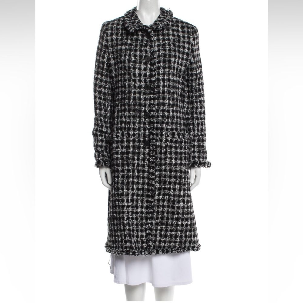 VTG MARVIN RICHARDS Houndstooth Wool Tweed Midi Boucle Coat Fringe Hem Medium